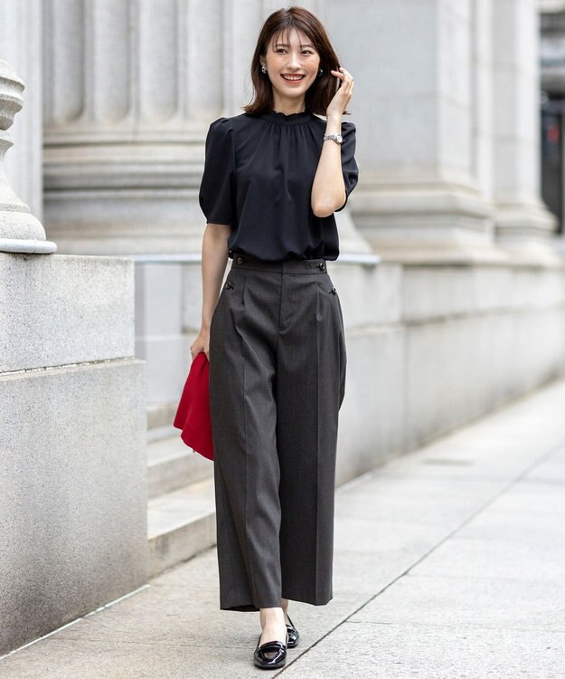 ANY SIS 【ストレッチ・接触冷感・撥水・UVカット・洗える】エアリーストレッチ ワイドパンツ シャンブレーブラック