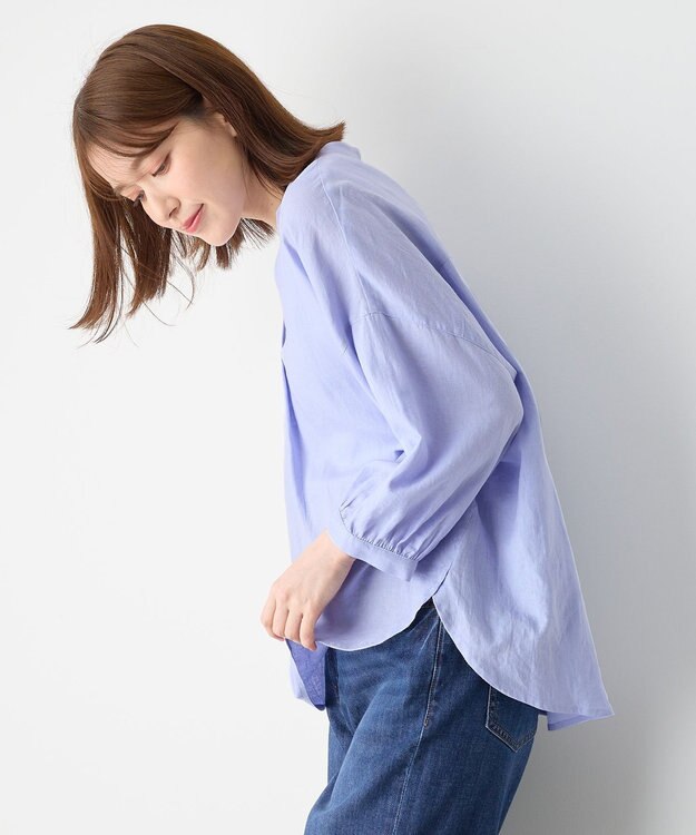 ANY L 【手洗い可能】ヨーロピアンリネンスキッパーネックブラウス ライトブルー
