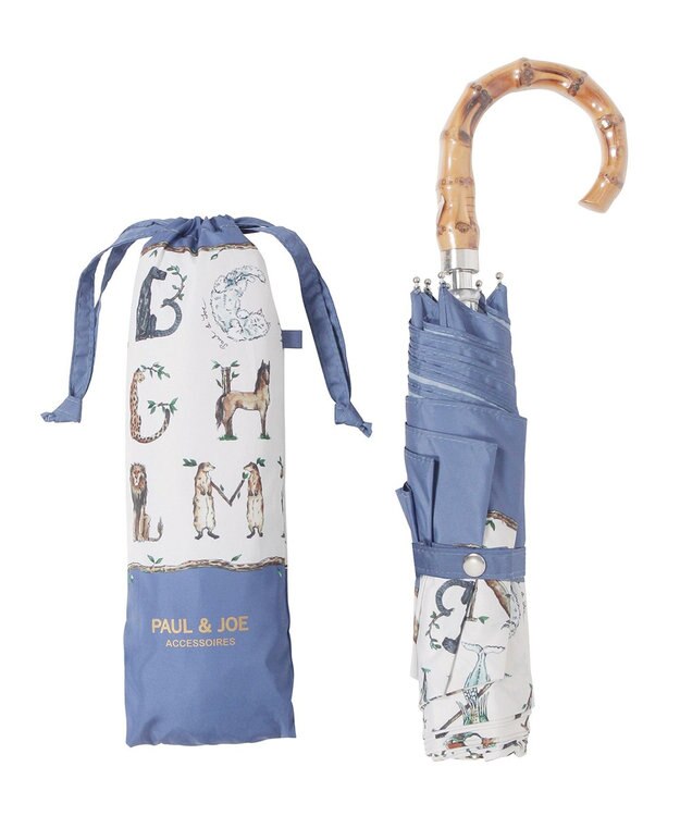 MOONBAT ポール & ジョー (PAUL & JOE ACCESSOIRES) ABC Garden アニマル 折りたたみ傘 竹手元 巾着型傘袋 ネイビーブルー