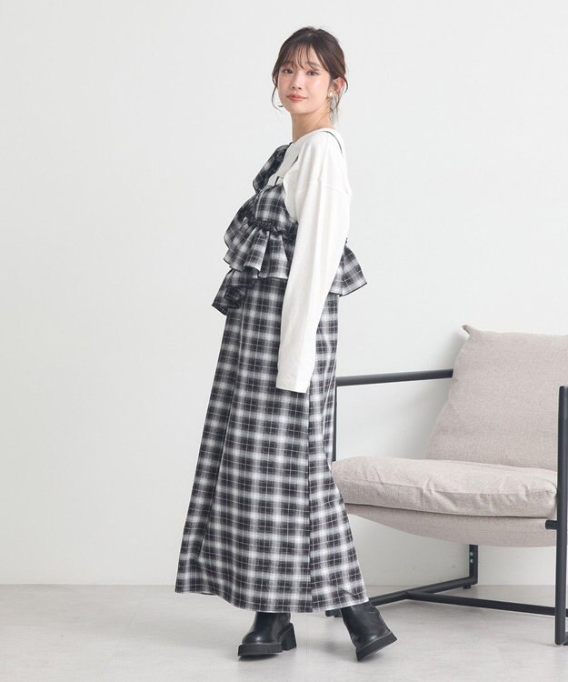 earth music&ecology 2wayフリルチェックキャミワンピース Black