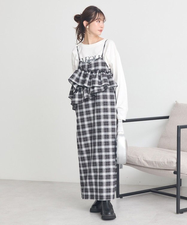 earth music&ecology 2wayフリルチェックキャミワンピース Black
