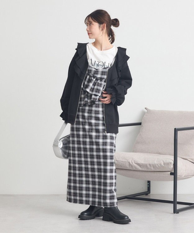 earth music&ecology 2wayフリルチェックキャミワンピース Black