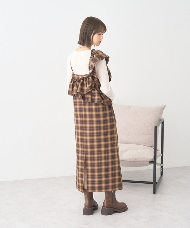 earth music&ecology 2wayフリルチェックキャミワンピース Brown