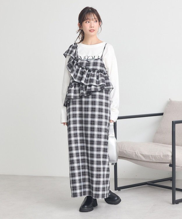 earth music&ecology 2wayフリルチェックキャミワンピース Black