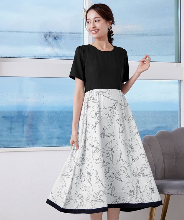 Tiaclasse 【小倉優子さん着用・新色追加・洗える】モノトーンフラワープリントワンピース ブラック×オフホワイト