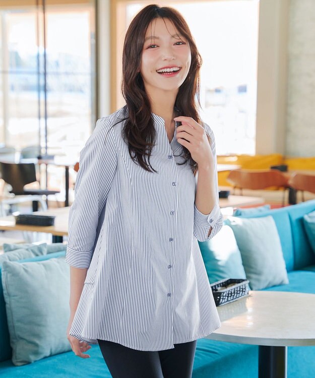 Tiaclasse バックタックフレアチュニック ネイビーストライプ