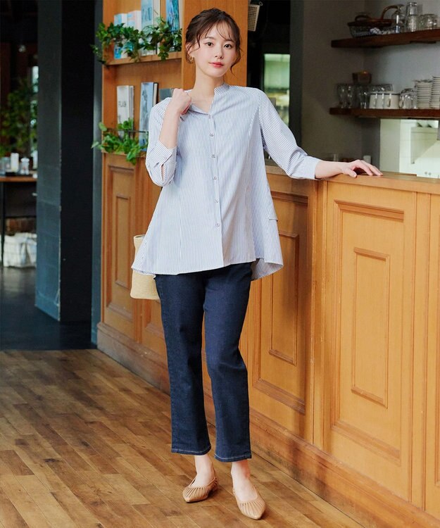 Tiaclasse バックタックフレアチュニック ネイビーストライプ