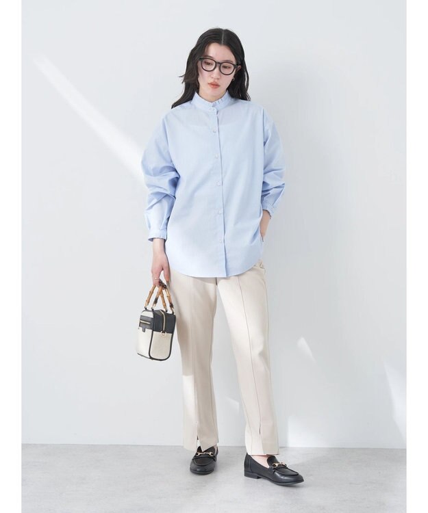 earth music&ecology Ｔ／Ｃ　スタンドフリルブラウス Stripe