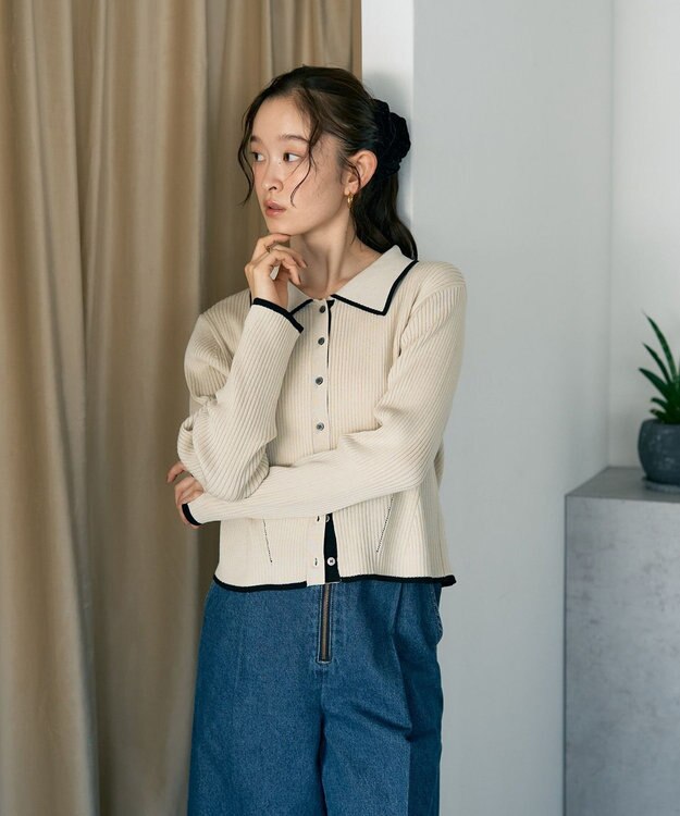 earth music&ecology バイカラートリムニットカーディガン Ivory