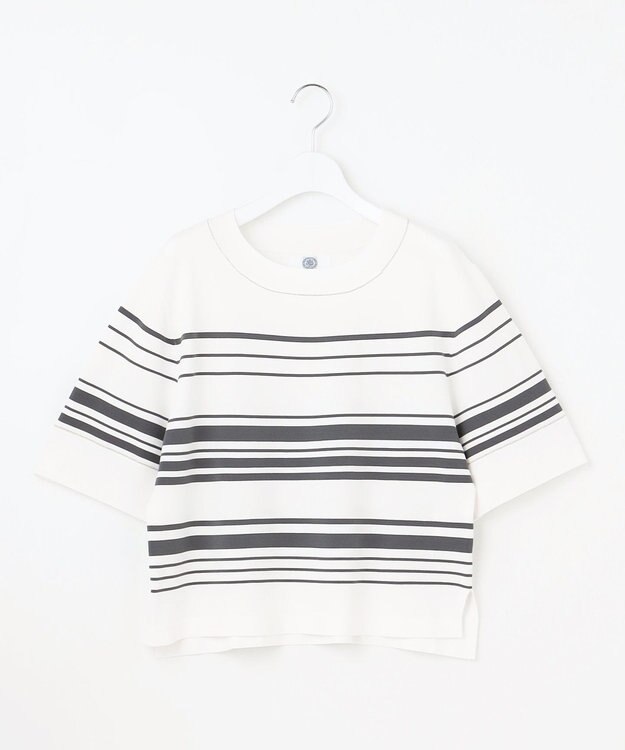 J.PRESS LADIES 【洗える】RAYON ELITE STRETCH ボーダー ニットT オフ×スレート系