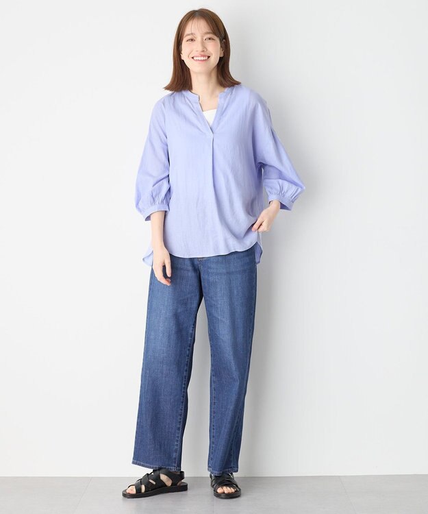 ANY L 【手洗い可能】ヨーロピアンリネンスキッパーネックブラウス ライトブルー