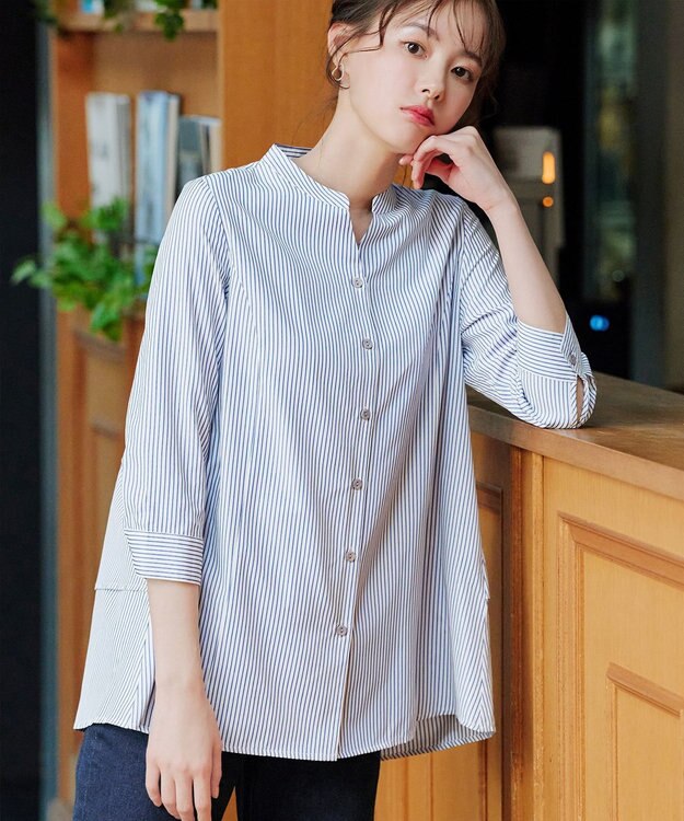 Tiaclasse バックタックフレアチュニック ネイビーストライプ