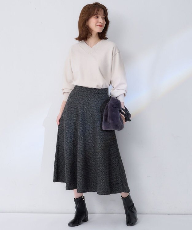 ANY 【ウエストゴム】ループツイードヘリンボーンフレアスカート ブラックベース
