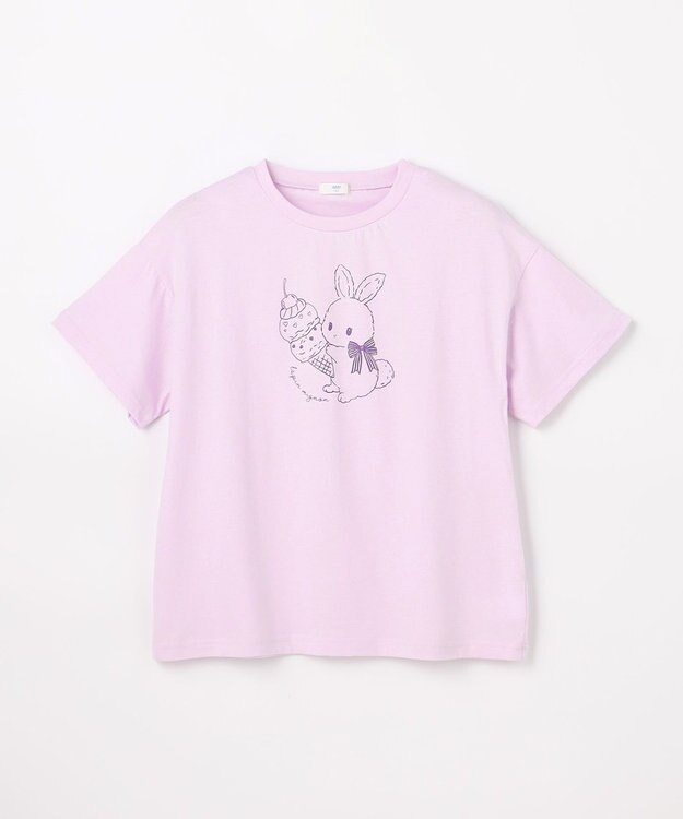 ANY KIDS 【綿100%/接触冷感】ひんやり オーバーサイズ アニマルTシャツ ラベンダー×ウサギ