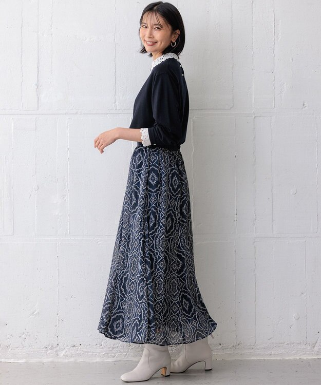 23区 S オーナメントプリント ギャザースカート ネイビープリント