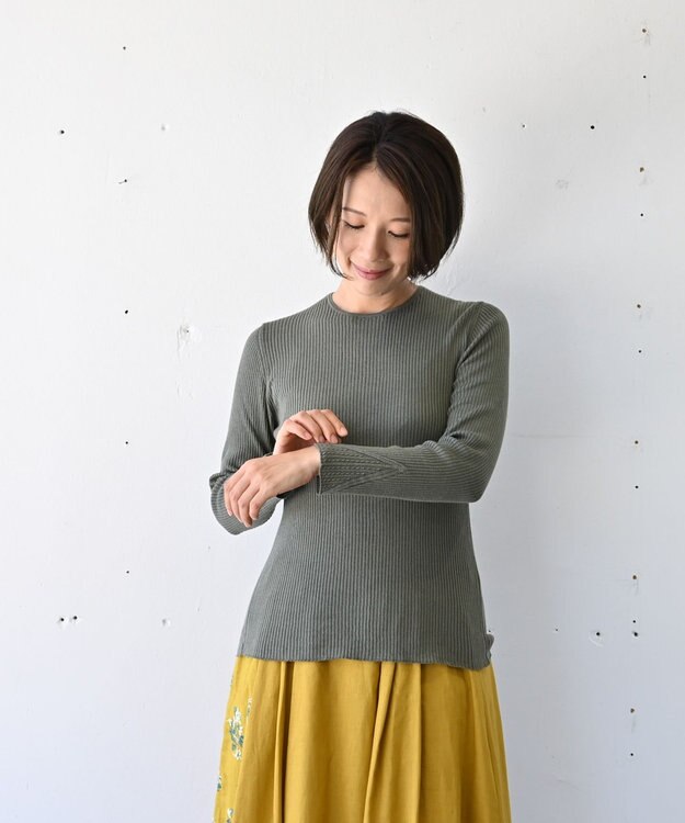 muuc 〈高品質シルク＆スーピマ超長綿〉〈洗えるニット〉〈通年着られる〉袖口模様編み プルオーバー グリーン