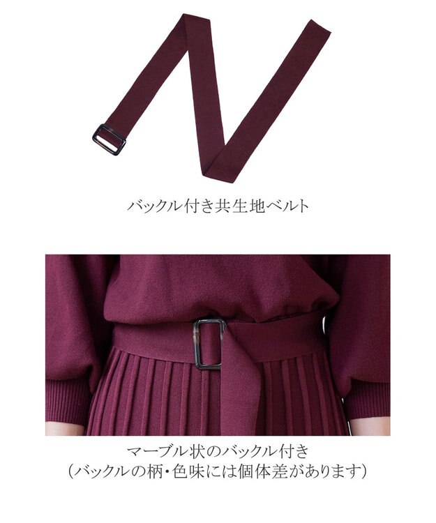 Tiaclasse 【洗える】1枚で着映えするパフ袖プリーツニットワンピース ワイン