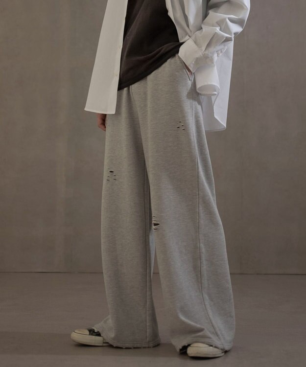 WEGO 【ウエストゴム】ダメージスウェットバギーパンツ 杢グレー