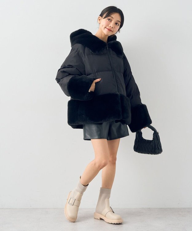 earth music&ecology フードファー中綿ショートコート ブラック