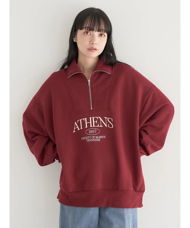 earth music&ecology ハーフジップロゴチュニック Burgundy