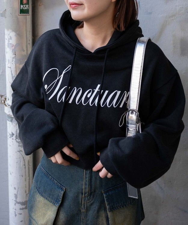 WEGO エンジェルプリントショートプルパーカー ブラック