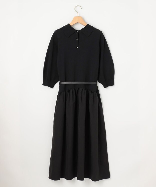 組曲 襟付きドッキング ニットワンピース ブラック系