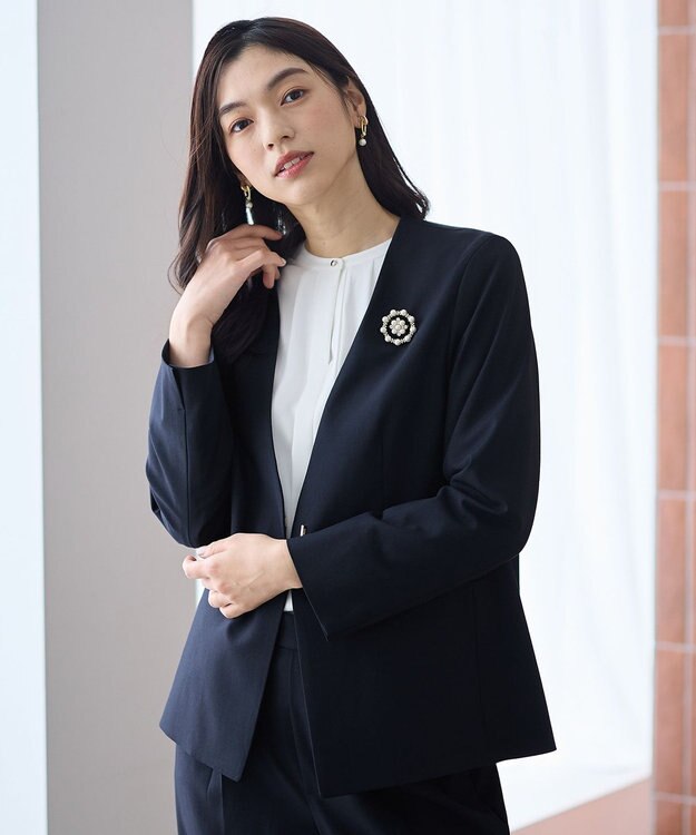 ANY L イージーケアライトストレッチノーカラージャケット ネイビー