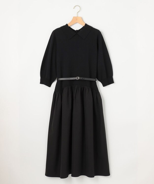 組曲 襟付きドッキング ニットワンピース ブラック系