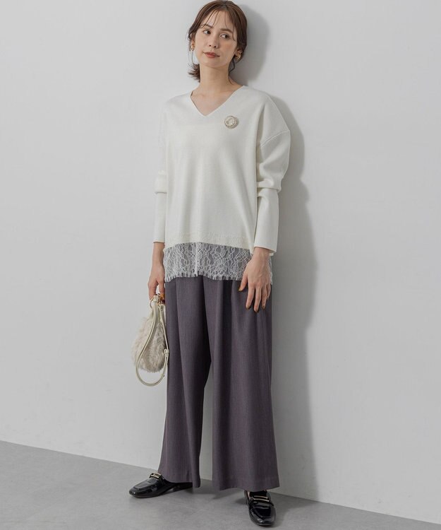 組曲 L 【加藤ローサさん着用】ラメストライプ ワイドパンツ グレー系1