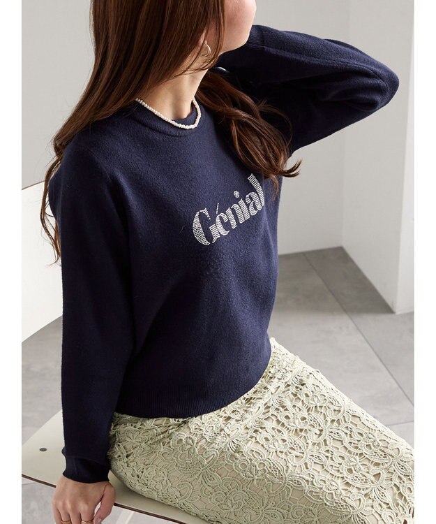 Te chichi ラインストーンレタードニットプルオーバー ネイビー