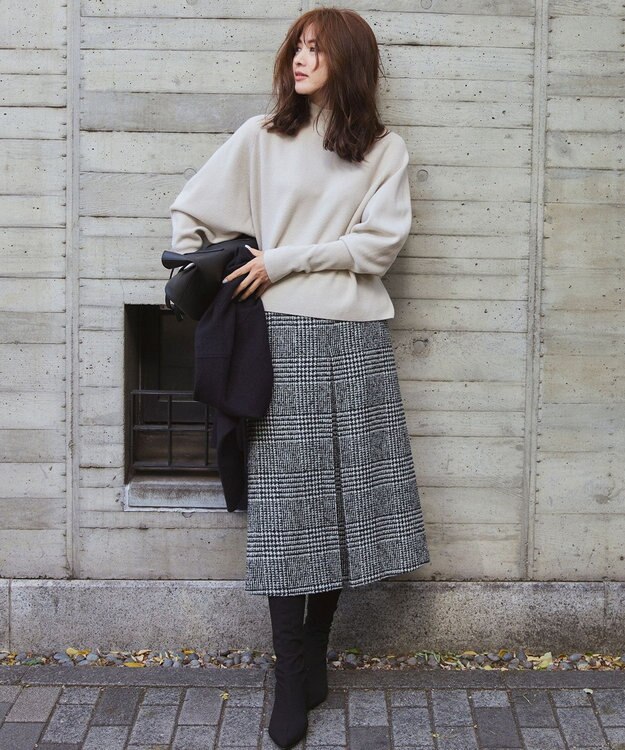 23区 ツイードチェック フロントタックAラインスカート ブラックチェック