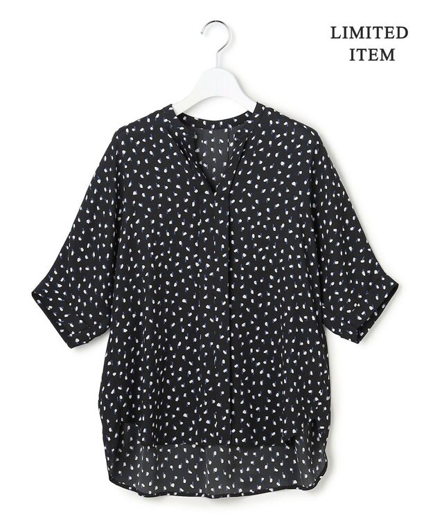 ICB L 【先行予約・WEB限定】BackSatinAmunzen 5分袖キーネックブラウス ブラック×モチーフドット柄