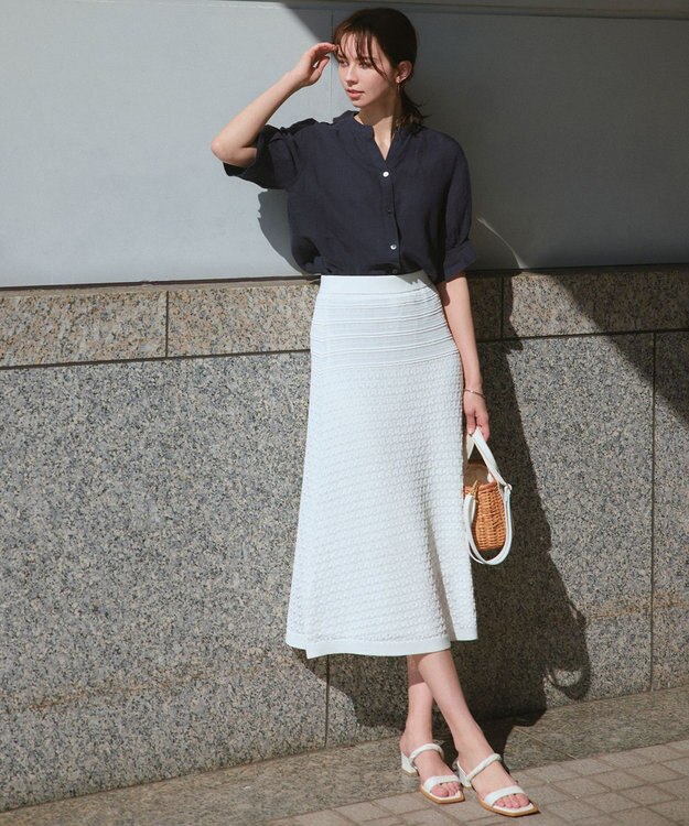 23区 【洗える】リネンコットンドライ ニットフレア スカート ホワイト系