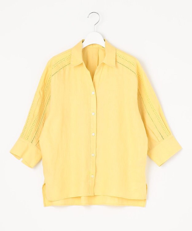自由区 【XSサイズ～/洗える/セット可】エンブロイダリーリネン前開き シャツブラウス ライトイエロー系