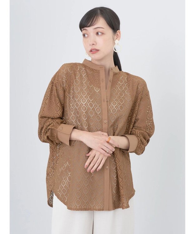 earth music&ecology レースバンドカラーシャツ Camel