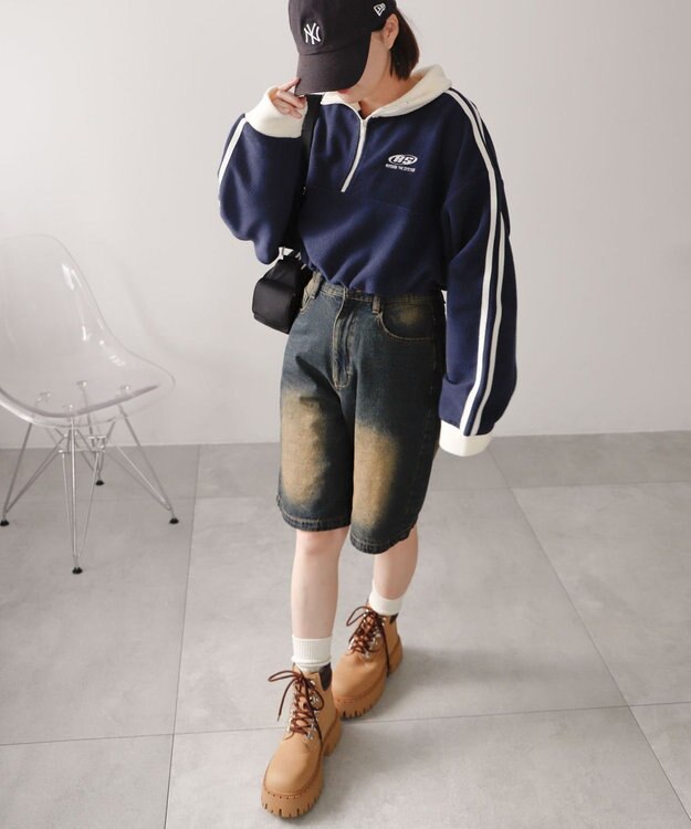 WEGO ハーフジップフリースショートプルオーバー ネイビー