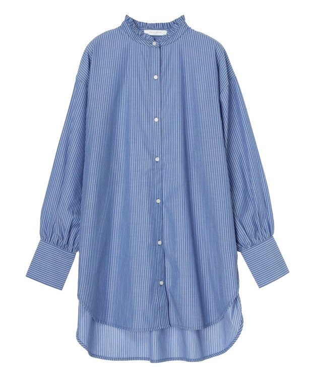 Green Parks イージーケアスタンドフリルシャツチュニック Stripe Blue