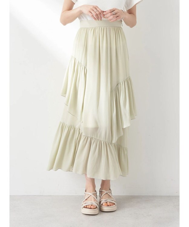 earth music&ecology シアー楊柳アシメティアードスカート Green