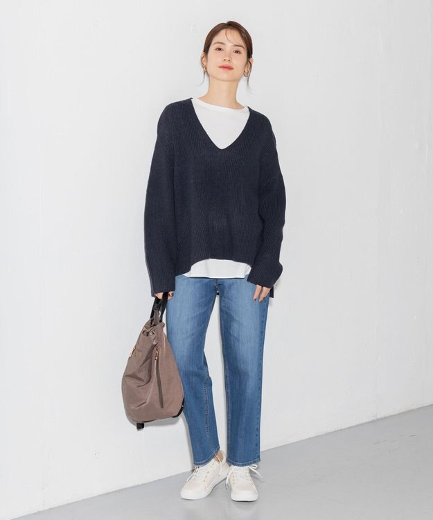 ANY ウールブレンドバルキーニット Vネック ネイビー