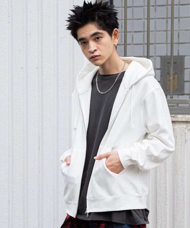 WEGO 【ユニセックス着用ITEM/裏起毛/SMLサイズ展開】リラックスフィットバックロゴジップパーカー ホワイト