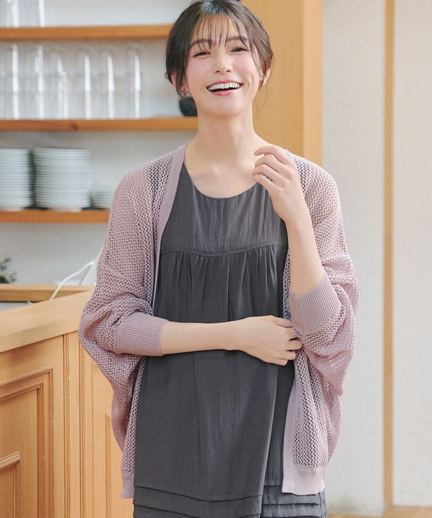 Tiaclasse 【新色追加】メッシュ編みニットドルマンカーディガン ピンク