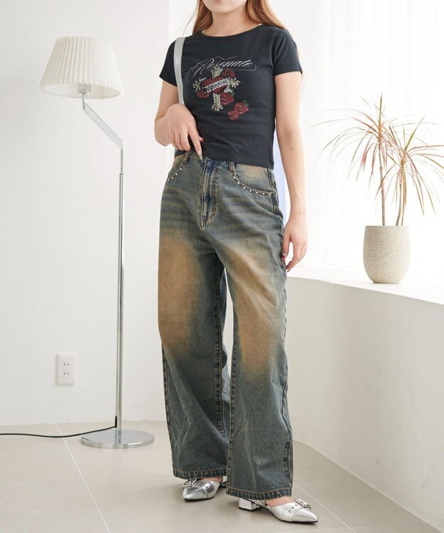 WEGO ラインストーンハートグラフィックちびT ブラック