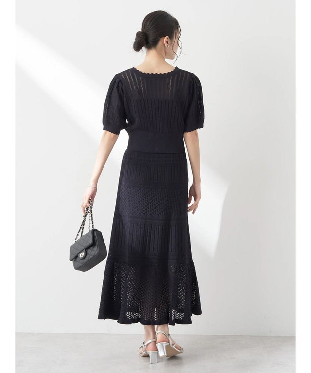 earth music&ecology ２点ＳＥＴ透かし編みカーディガン＋裾フレアスカート Dark Navy