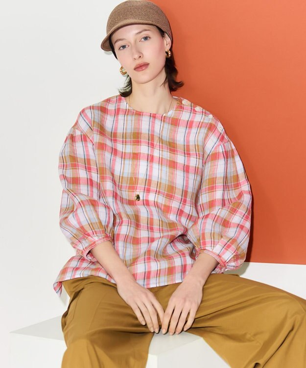 23区 【先行予約】LIBECOリネン チェック ボリュームスリーブ ブラウス オレンジチェック