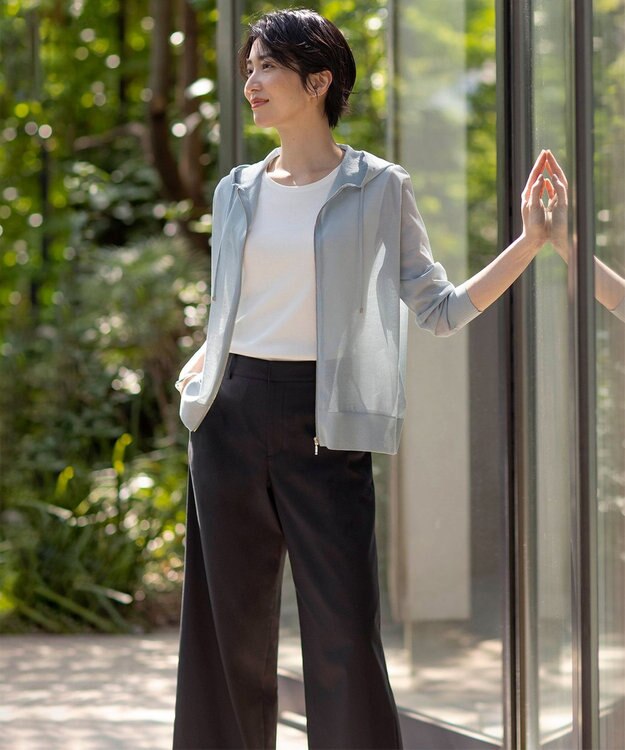 J.PRESS LADIES L 【洗える】シアーライトニット パーカー シーブルー系