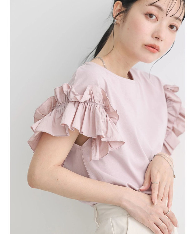 earth music&ecology フリルスリーブカットソー Pink Beige