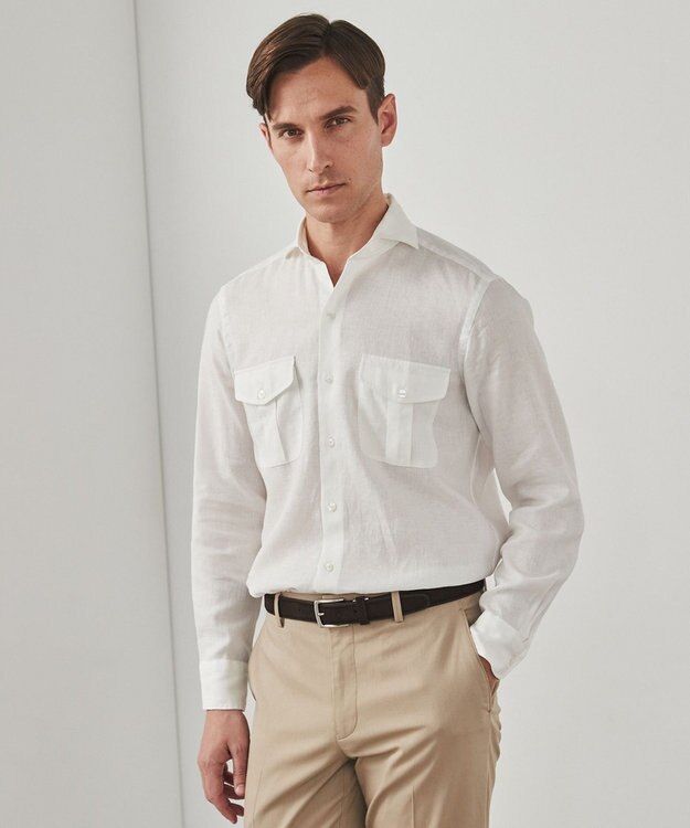 GOTAIRIKU ノルマンディリネン使用【洗える】カッタウェイカラー ソフトリネンシャツ ホワイト系