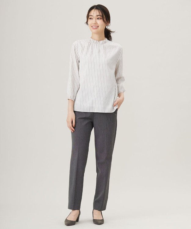 J.PRESS LADIES L プロビスストライプチェック フリルネック カットソー オフストライプ系