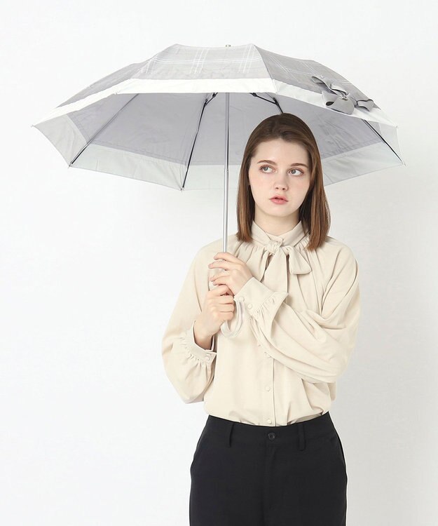 MOONBAT ランバン オン ブルー 晴雨兼用日傘 折りたたみ傘 切り継ぎビジューリボン 遮光 遮熱 UV グレー（グレンチェック）