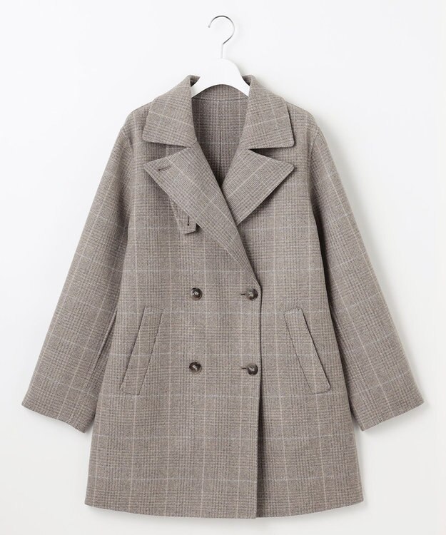 自由区 L 【17号サイズまで展開・カタログ掲載】ウールリバーチェック柄ダブルブレスト コート モカチェック